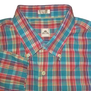 Peter Millar Button Down Shirt Mens XL 100% cotton Blue Red Plaid check SS